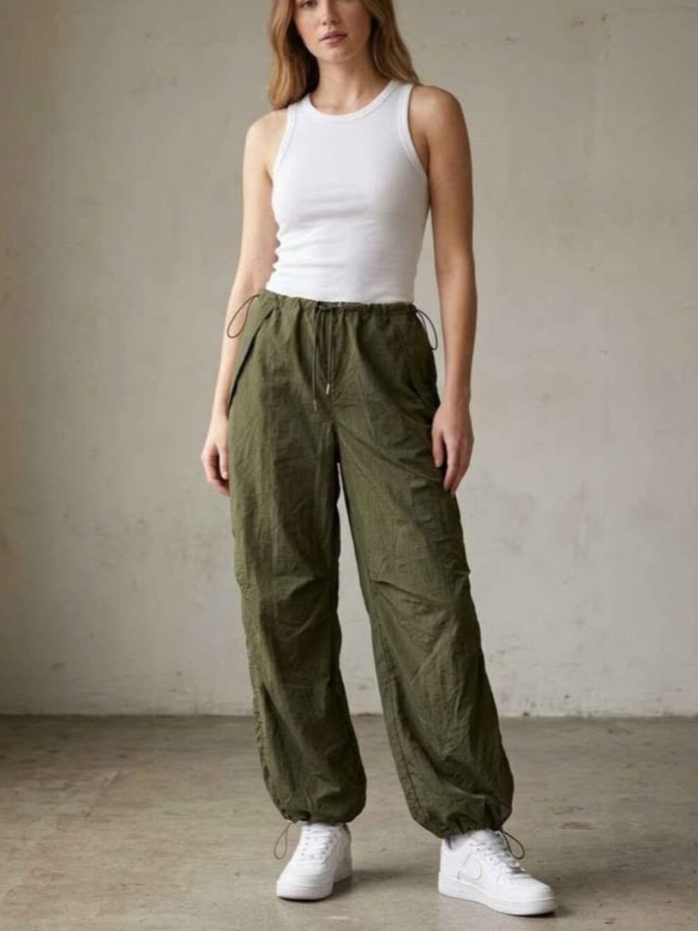 Olive Green Nylon Balloon barrel Parachute Pants Drawstring Track Pants, SM